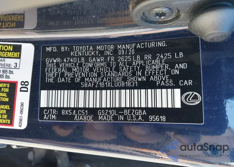 2020 Lexus Es 350 Ultra Luxury z USA, uszkodzony, nr VIN 58AFZ1B1XLU081831